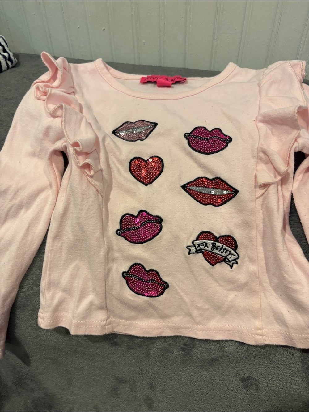 Betsey Johnson Light Pink Long-Sleeve Top with Sequin Lips & Hearts